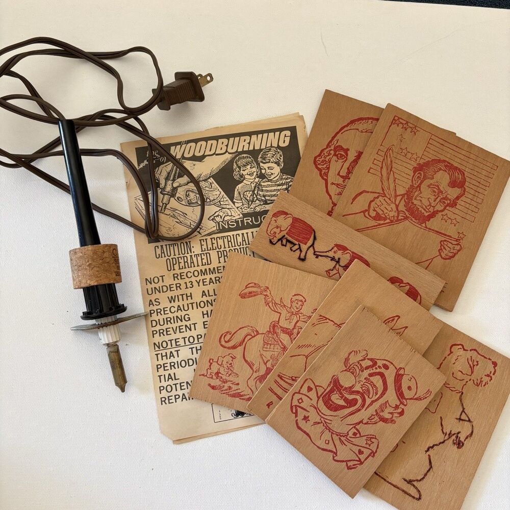 Vtg ATF Toys Wood Burning Kit 70s 7 Plaque Cowboy Horse Clown Lincoln Washington